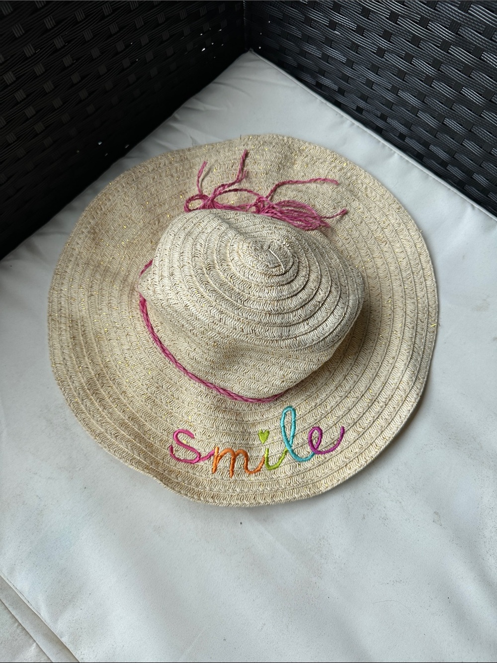 Kids Straw Sun Hat with Pink Trim and Multicolor "Smile" Embroidery